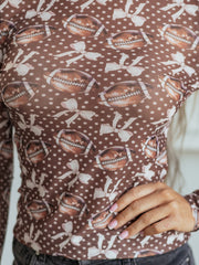 Brown Polka Dot Bow Football Print Long Sleeve Mesh Top - Damesmode Afbeelding 7 - Miniatuur