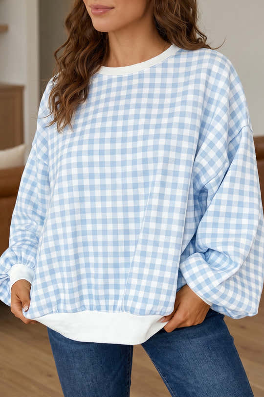 Sweat-shirt à manches longues à carreaux bleu clair à col rond