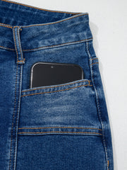 Himmelblaue Schnitt-Naht-Detail Damen-Shift-Jeans - Miniatuur