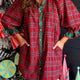 Rood Plaid met Ruches Cuff Knoop Front Zakken Mini Jurk