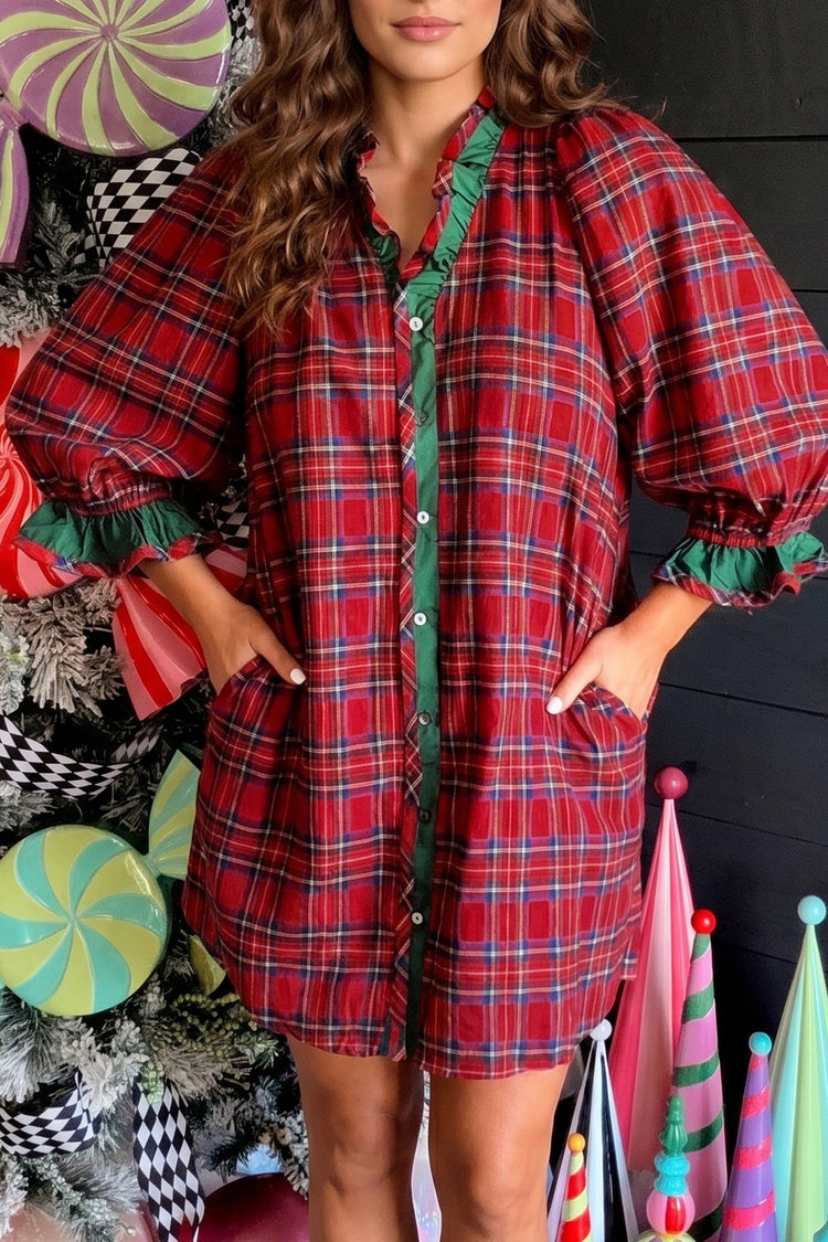 Red Plaid Ruffle Cuff Button Front Pocket Mini Dress - Damesmode