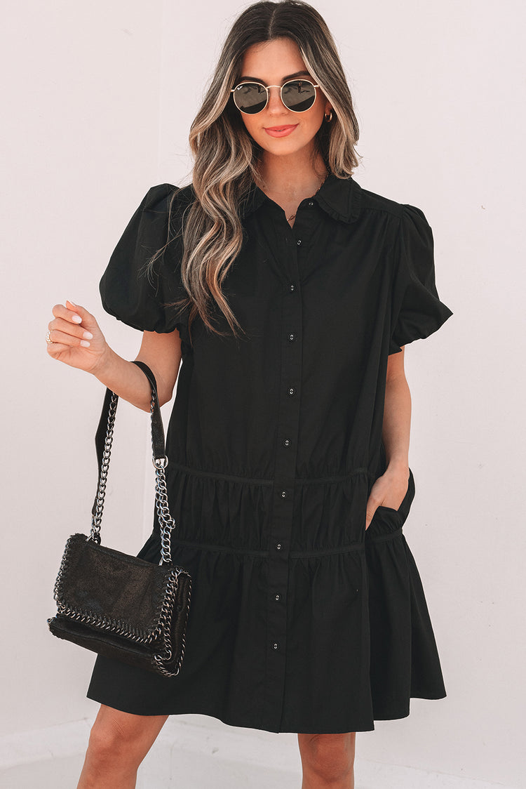 Black Shirt Style Button Down Puff Sleeve Ruffle Hem Dress - Damesmode Afbeelding 1 - Damesmode