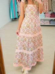 Green Geometric Floral Print Striped Patchwork Detail Sleeveless Dress（Runs Small ） - Miniatuur