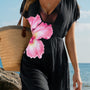 Rose Floral Print V Neck Semi Sheer Beach Cover Up Dress