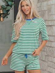 Gelber Streifen mit Drop-Shoulder kastenhaftes Casual-Terry-Short-Set - Miniatuur