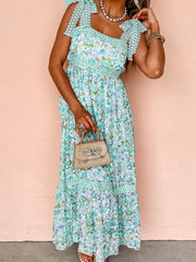 Pinkes Blumenkleid mit Spitzenband und Empire-Taillen-Maxi-Kleidung - Miniatuur