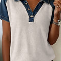 Weiß strukturiertes Denim-Patchwork-T-Shirt mit Polokragen - Foto 3