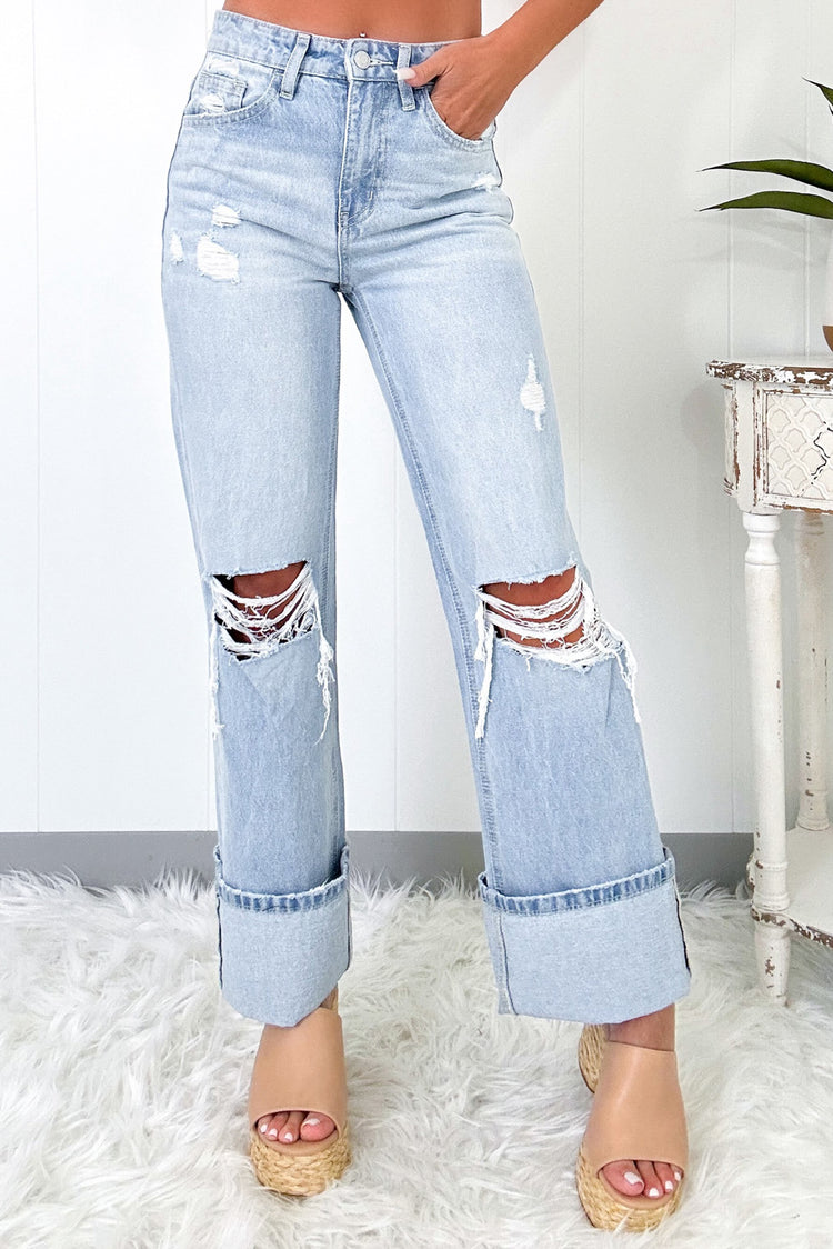 Beau Blue Light Wash Distressed Straight Jeans - Damesmode Afbeelding 1 - Damesmode
