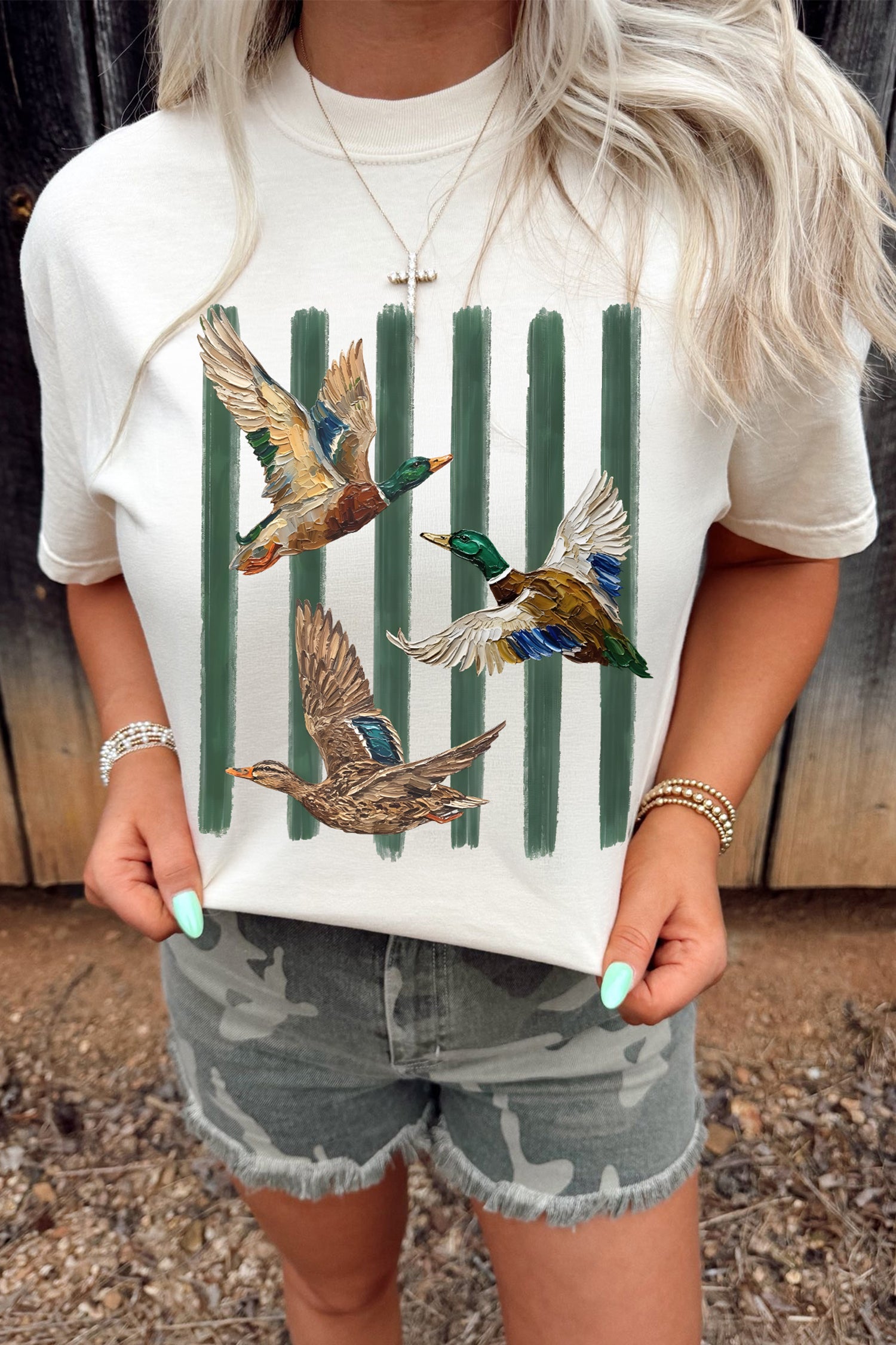 Hvide Western Mallard Stripes Printet Grafisk Rund Hals Casual T-shirt
