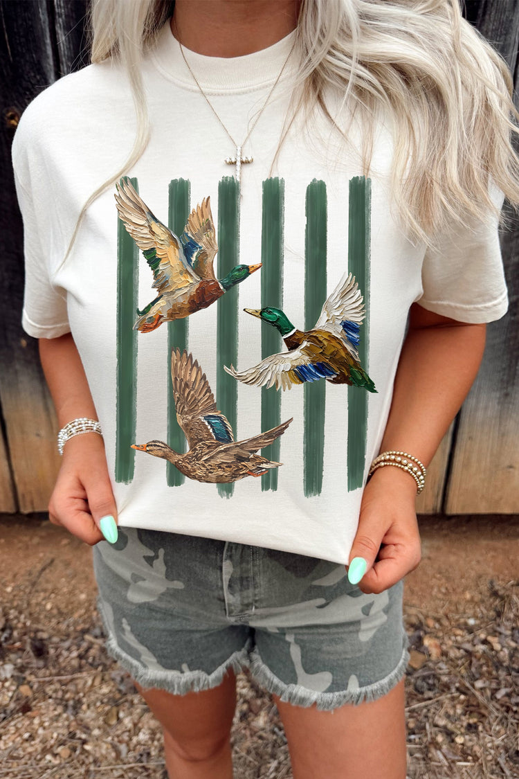 Wäiss Western Mallard Stripes gedréckte grafesch ronn Hals Casual T-Shirt - Damesmode