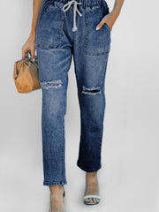 Jogger en jean en denim usé à poches bleu foncé - Miniatuur