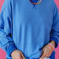 Blue Stripe Ribbed Cuffs Hem Long Sleeve Pullover Top - Damesmode Afbeelding 2 - Foto 2