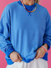 Blue Stripe Ribbed Cuffs Hem Long Sleeve Pullover Top - Women's Fashion Image 2 - Miniatuur