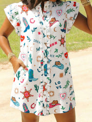 White Western Print Flutter Sleeve Button Down Mini Dress - Miniatuur