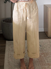 Apricot Stripe Ribbon Drawstring Waist Full-Length Shift Pant - Damesmode Afbeelding 6 - Miniatuur