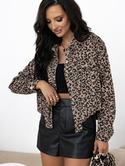 Dunkler Khaki-Leopardenmuster Cordjacke mit unregelmäßigem Saum und Knöpfung - Miniatuur