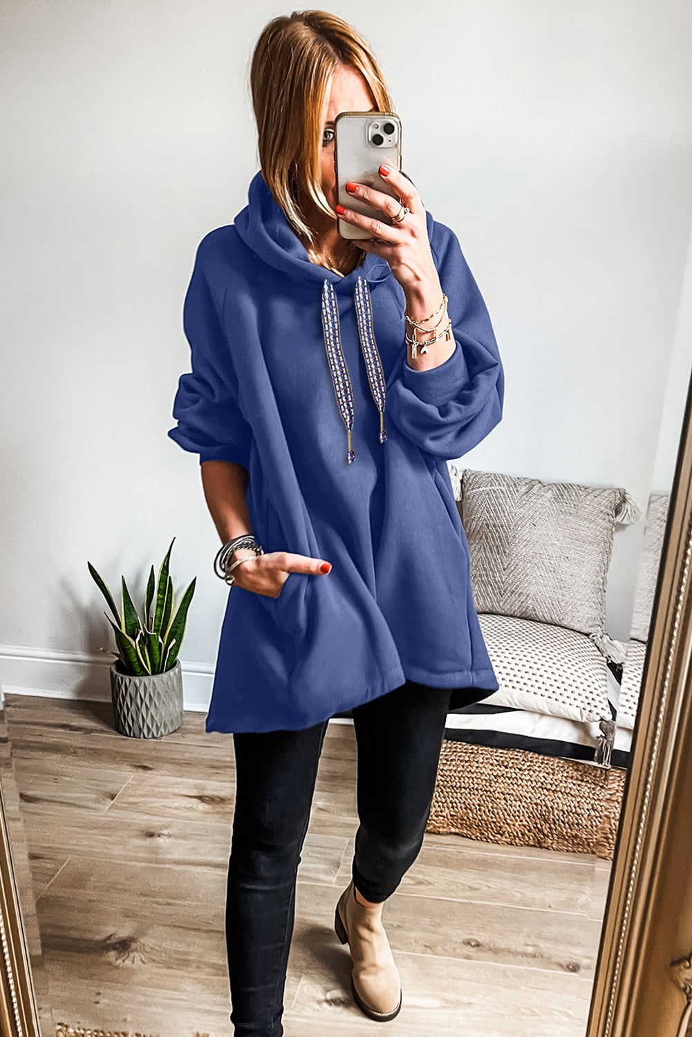 Schmutzig blauer Fleece-Hoodie, verstellbarer Kordelzug-Hoodie mit Übergroßem Tunika-Hoodie