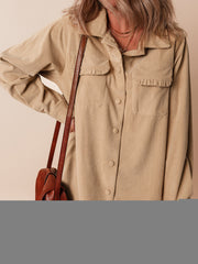 Helles französisch-beige Solid Rüschen-Taschen-Button-Up Cord-Shacket - Miniatuur