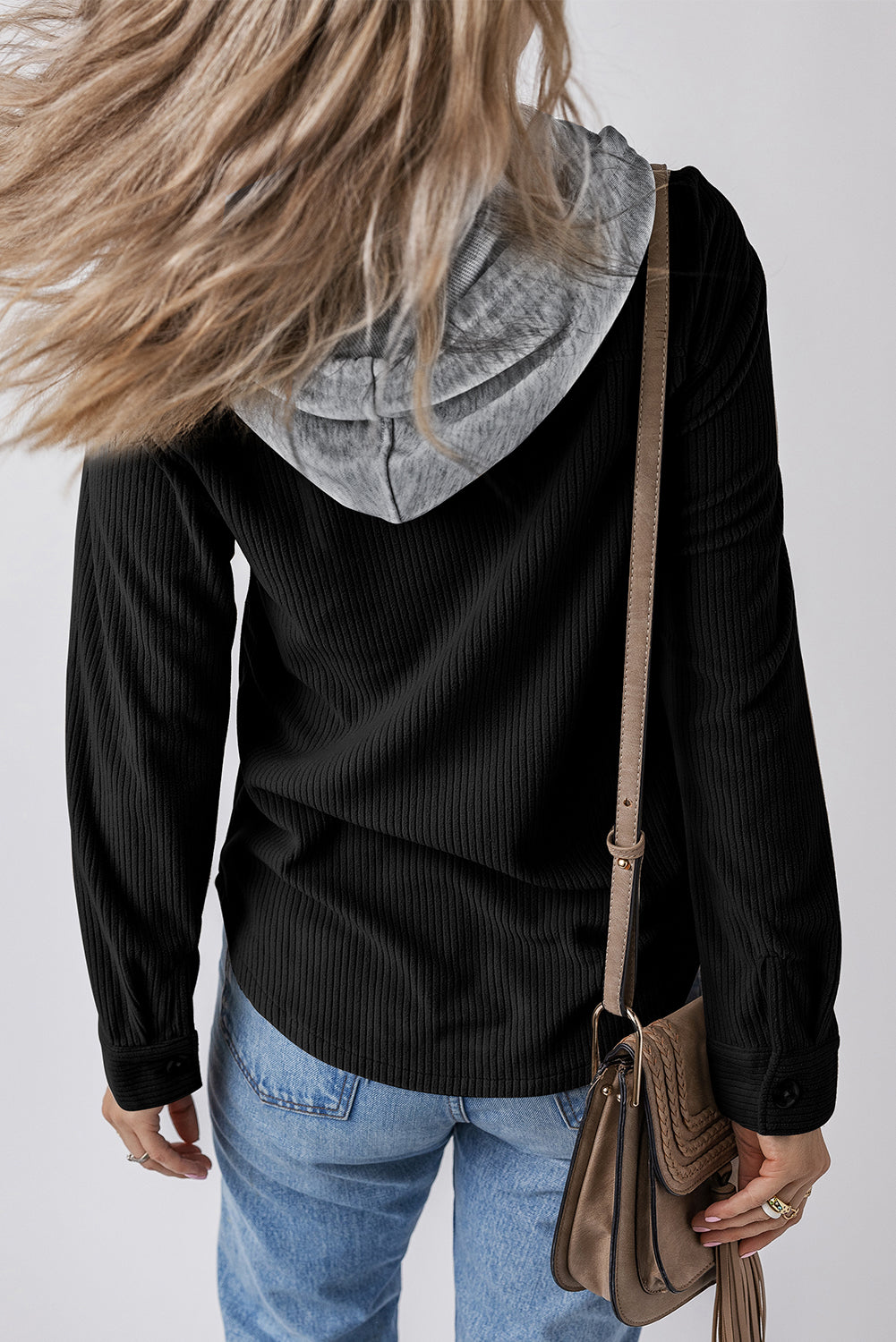 Black Hooded Drawstring Pockets Corduroy Shacket - Women's Fashion Image 2