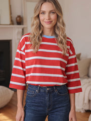 Racing Red Striped Bow Tie Hollowed Back 7/8 Sleeve Casual T-Shirt - Miniatuur