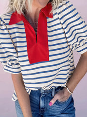 Svart randig kortärmad puffärm färgblockpolokrage blus - Damesmode afbeelding 7 - Miniatuur