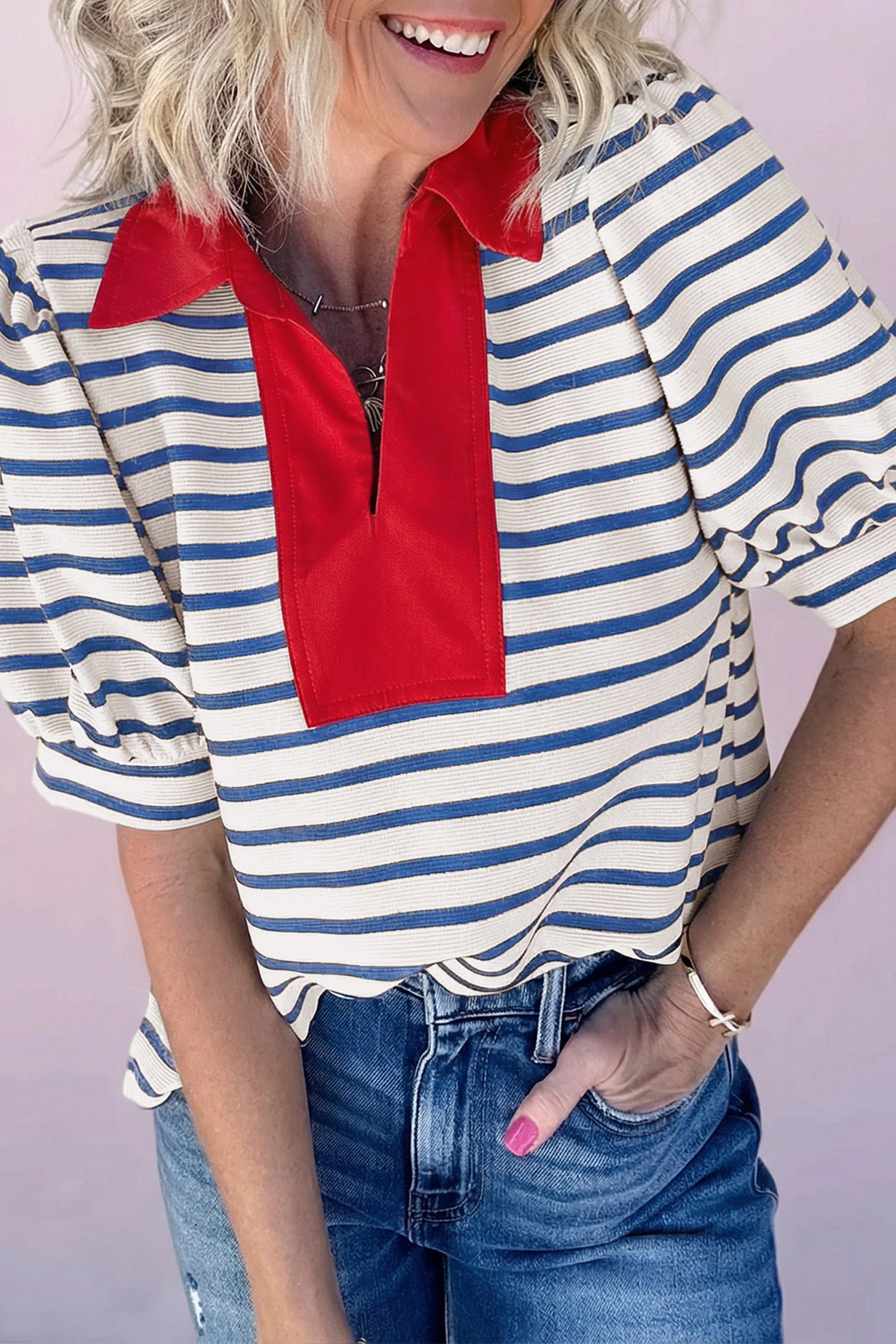 Black Stripe Short Puff Sleeve Color Block Polo Collar Blouse - Damesmode Afbeelding 7