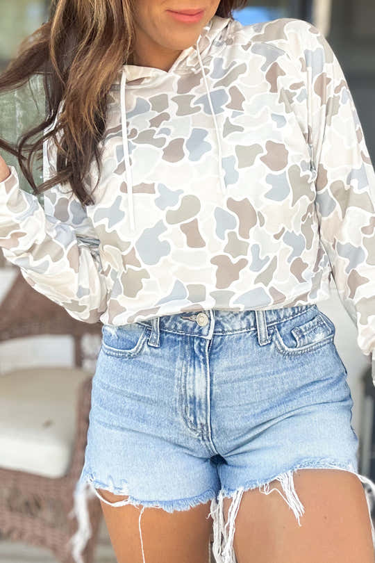 Beige Camouflage Print Relaxed Drawstring Hoodie - Women's Fashion Image 1