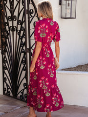Rotes Maxikleid mit Rüschenmuster mit V-Ausschnitt und kurzärmligem Rüschen - Miniatuur