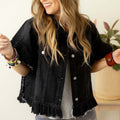 Black Raw Edge Ruffled Short Sleeve Denim Jacket - Damesmode Afbeelding 3 - Foto 3
