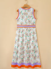 White Floral Print Color Block Trim Belted Sleeveless Maxi Dress - Miniatuur
