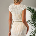 Beige Open Knit Drawstring Waist Beach Dress - Damesmode Afbeelding 2 - Foto 2