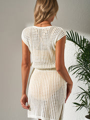 Beige Open Knit Drawstring Waist Beach Dress - Women's Fashion Image 2 - Miniatuur