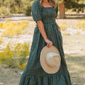 Green Plaid Square Neck Shirred High Waist Ruffle Hem Dress - Foto 5