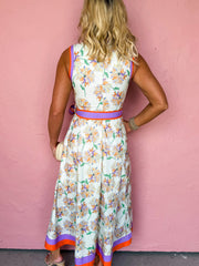 White Floral Print Color Block Trim Belted Sleeveless Maxi Dress - Miniatuur