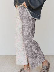 Multicolour Retro Floral Leopard Contrast Patchwork Raw Hem Jeans - Miniatuur