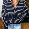 Blue Stripe Textured Knit Half Zip Collared Long Sleeve Top - Damesmode Afbeelding 3 - Foto 3