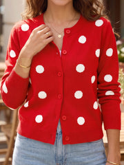 Feuriges rotes, lässiger Pullover-Cardigan mit Polka-Punkten und Langarmen vorne - Miniatuur