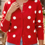 Feuriges rotes, lässiger Pullover-Cardigan mit Polka-Punkten und Langarmen vorne