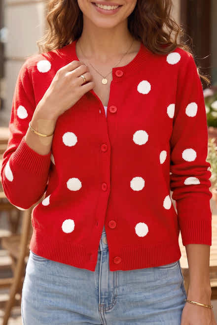 Fiery Red Casual Polka Dot Button Front Long Sleeve Sweater Cardigan