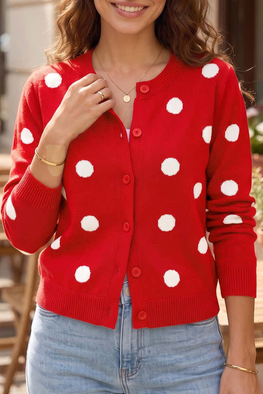 Feuriges rotes, lässiger Pullover-Cardigan mit Polka-Punkten und Langarmen vorne
