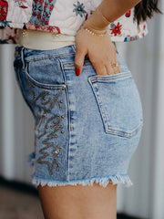 Dusk Blue Western Embroidery Stud Denim Shorts Summer Daily Wear - Miniatuur