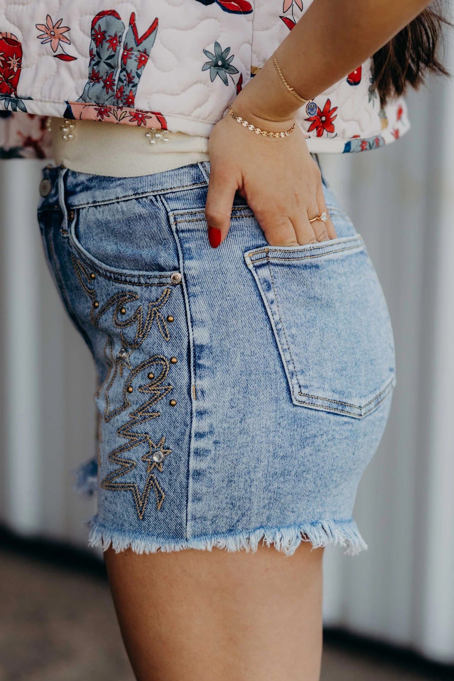 Dusk Blue Western Embroidery Stud Denim Shorts Sommer Alltagskleidung