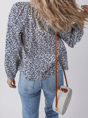 Blue Floral Print Notched V Neck Puff Sleeve Blouse - Damesmode Afbeelding 2 - Miniatuur