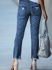 Dark Blue Elastic Waist Straight Leg Destroyed Raw Hem Jeans - Miniatuur