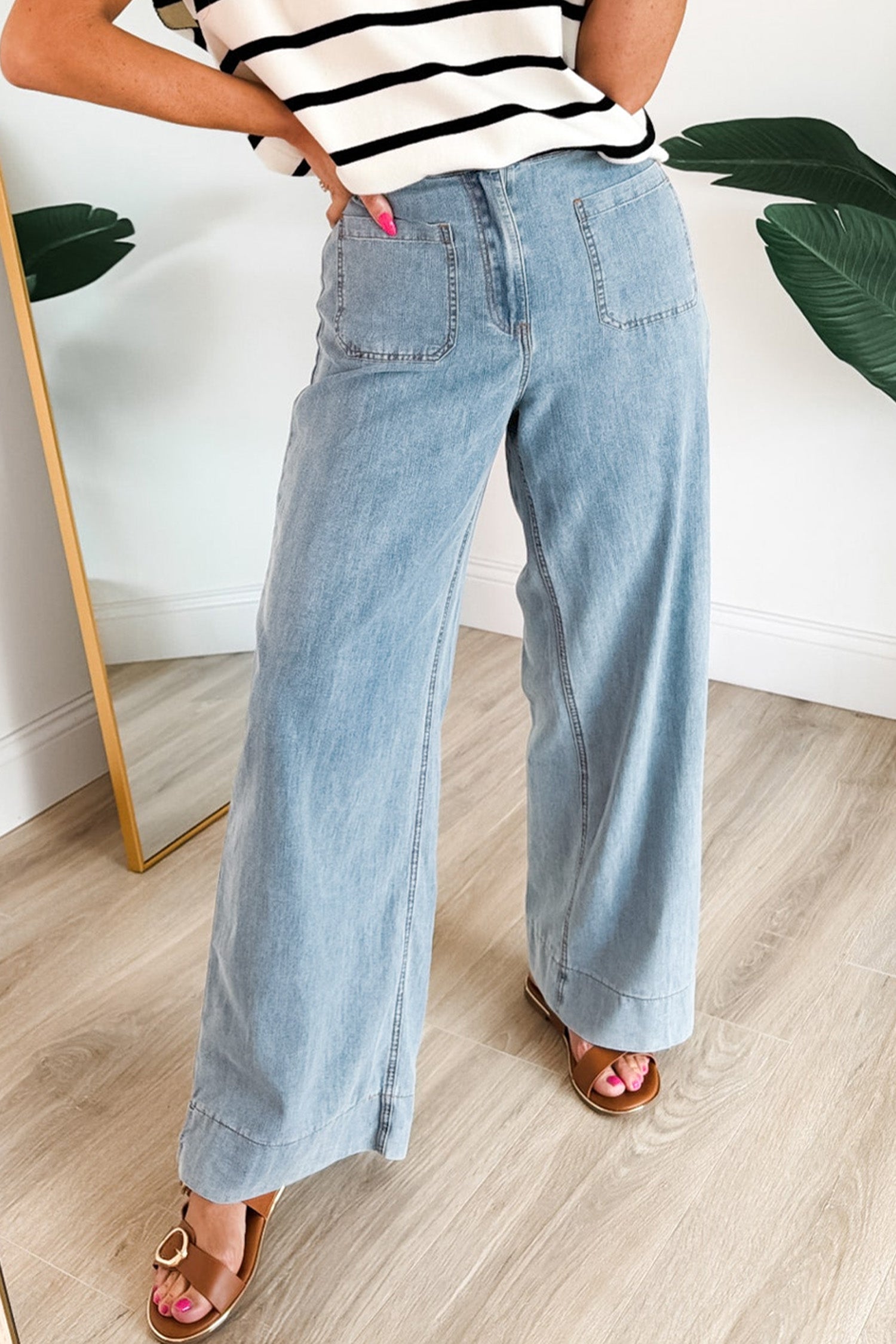 Beau Blue Solid Full-Length Regular Pocket Detail Wholesale Denim Jeans - Damesmode Afbeelding 3