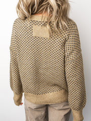 Maglione a maniche lunghe con stampa geometrica cachi, spalle a scollo rotondo e scollo a scena - Miniatuur
