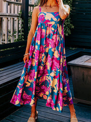 Dark Blue Floral High Waist Sleeveless Flared Long Dress - Miniatuur