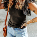 Black Dotty Mesh Ruffle Sleeve Ribbed Knit Top - Damesmode Afbeelding 3 - Foto 3