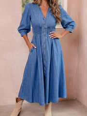 Blu con scollo a V con scilliera in vita con cerniera metallica e vestito midi in jeans - Damesmode Afbeelding 1 - Miniatuur