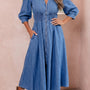 Blue V Neck Shirred Waist Metal Zipper Denim Elegant Midi Dress